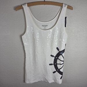 Old Navy Shirt Womens Petite Size L White Sequin Tank Top Helm Print